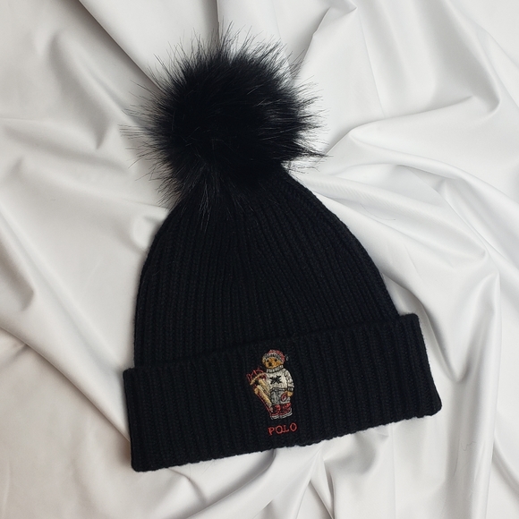 Polo Ralph Lauren Polo Bear Sled Bear Black Pom Pom Knit Beanie Limited - Picture 1 of 5